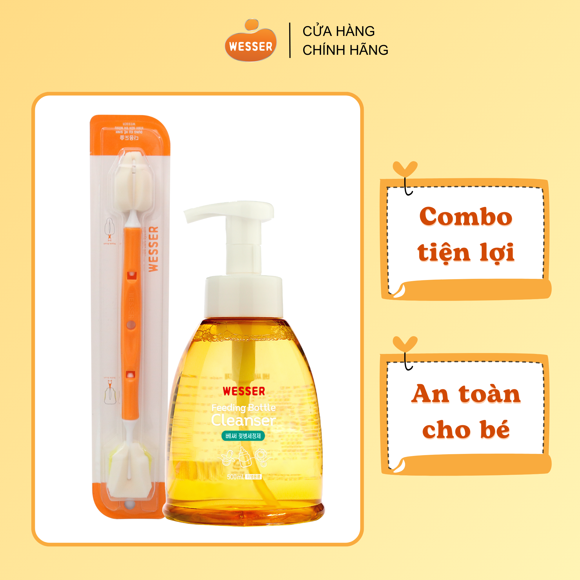 Combo nước rửa bình sữa + Dụng cụ vệ sinh bình sữa đa năng Wesser