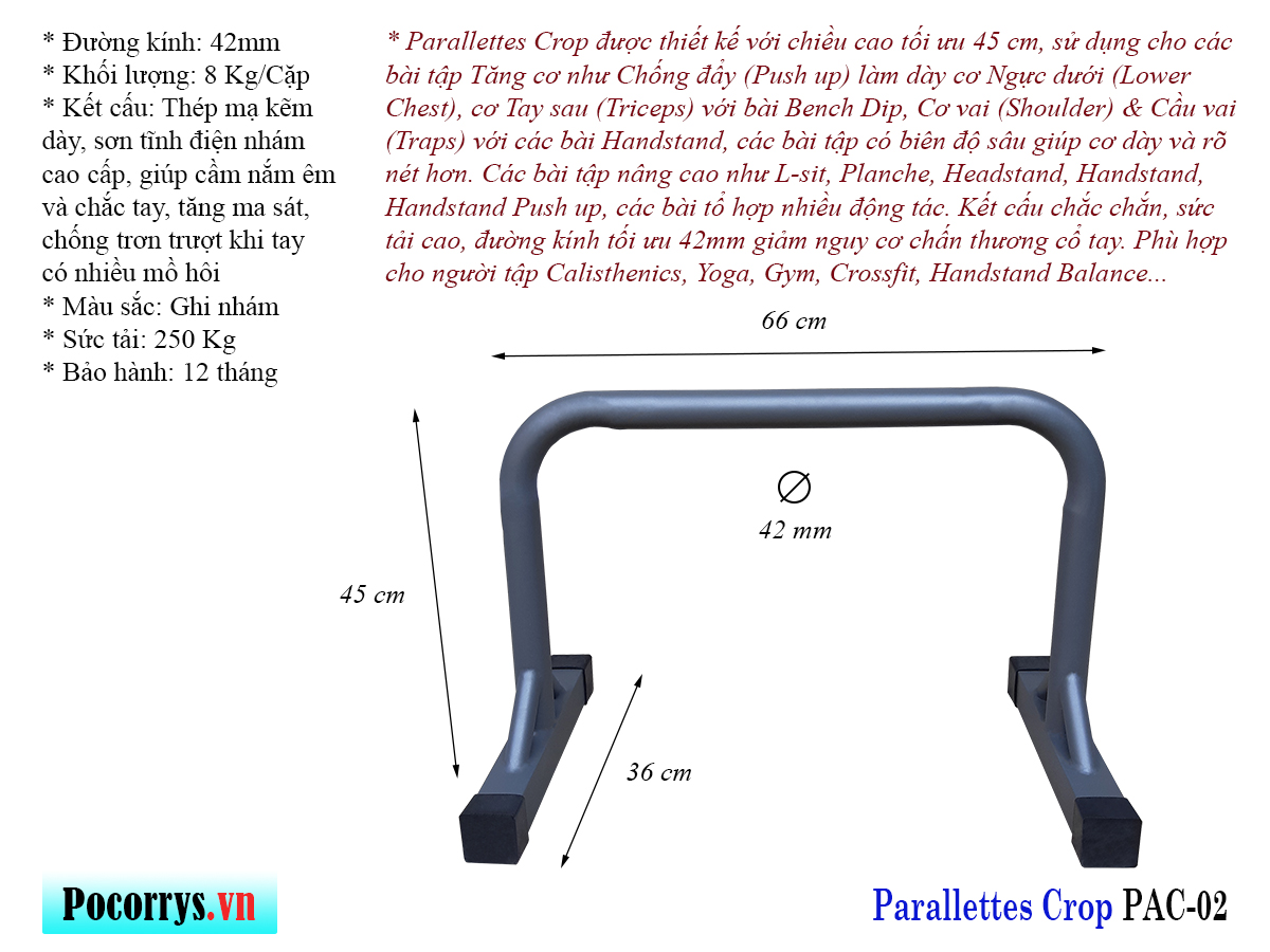 Combo 3 bộ Xà kép, Dụng cụ chống đẩy, Parallettes Pocorrys 02, Màu ghi