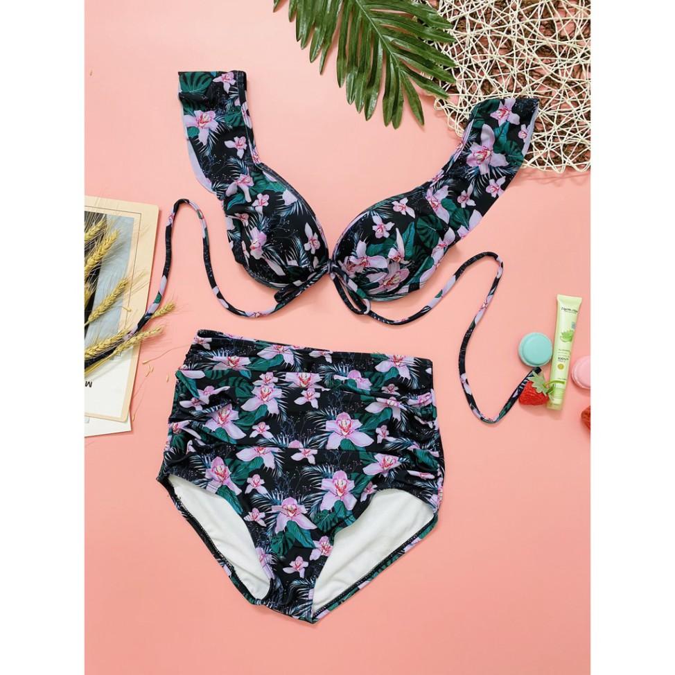 freeship Bikini đồ bơi cánh tiên bèo vai hai mảnh hoa lá tối màu trung niên mặc được mặc đi biển đi bơi đẹp