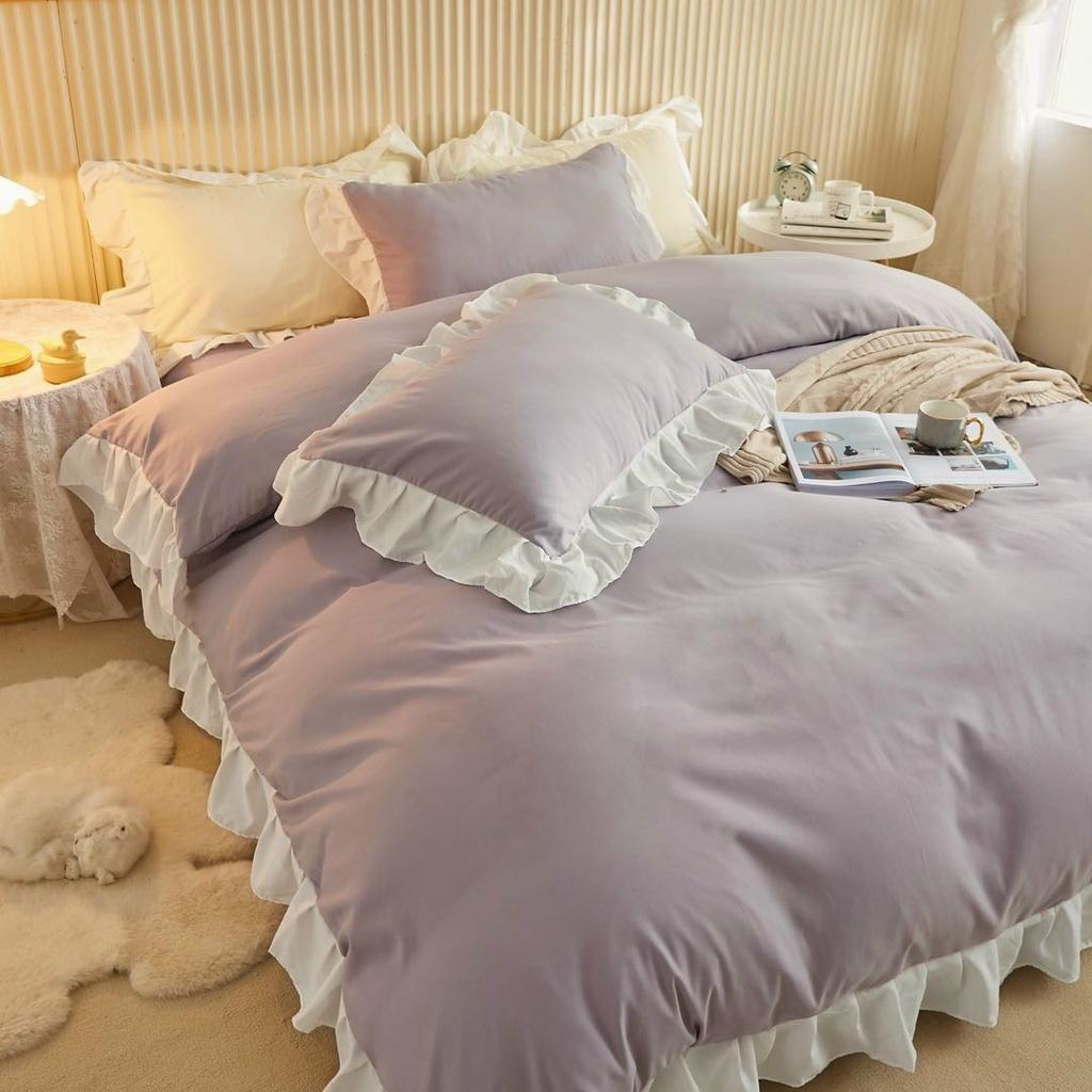 Bộ Chăn Ga Gối Cotton Tici Riềm Bèo Tím Nhạt