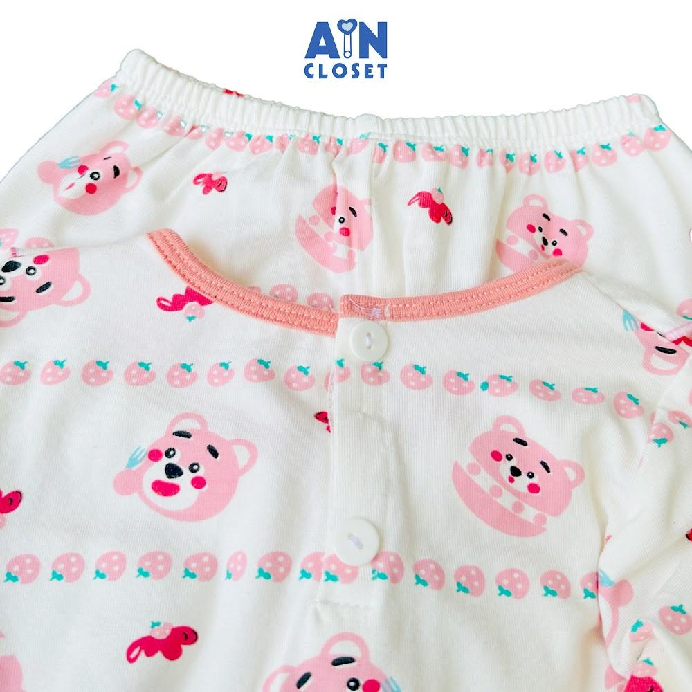 Bộ quần áo Dài bé gái họa tiết Gấu Kẻ Dâu Hồng Thun cotton - AICDBGWVPNS9 - AIN Closet