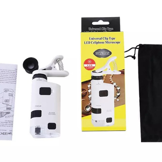 Kính lúp phóng đại 300x-350x kẹp điện thoại có tích hợp đèn trợ sáng