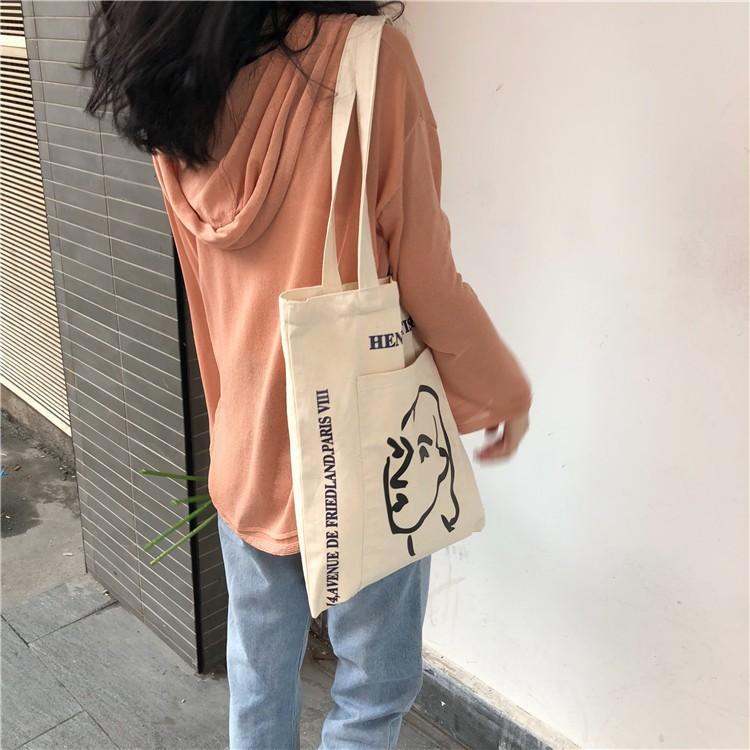 Modi Store- Túi tote màu kem vintage hình cô gái - MD05