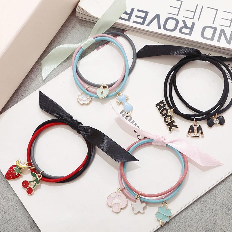 Dây buộc tóc set 3 dây, nhiều hình và sợi màu dây ngẫu nhiên