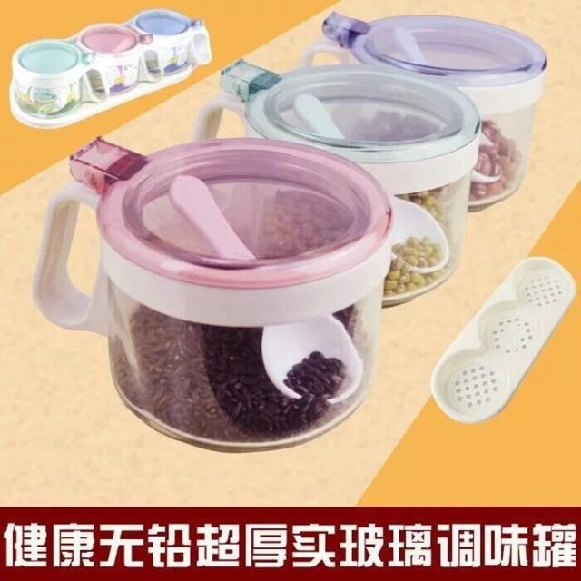 Bộ 3 hủ đựng gia vị thủy tinh cao cấp có khay 2503