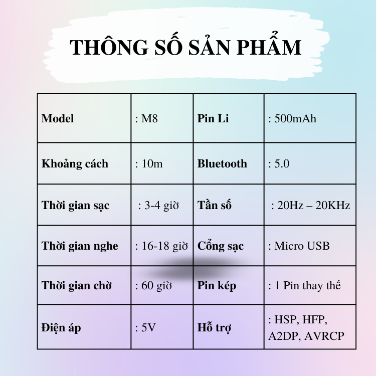 Tai Nghe Bluetooth 5.0 Móc Tai M8 (Pin lithium chất lượng cao dung lượng 300mAh-  có pin dự trữ)