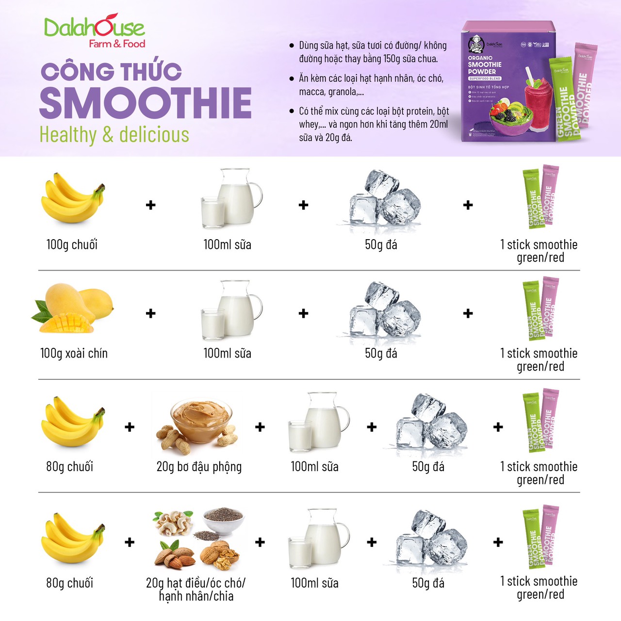 Bột sinh tố tổng hợp Dalahouse/organic smoothie powder hộp 100gr (10 gói) - Bữa ăn xanh tiện lợi giàu chất sơ probiotic