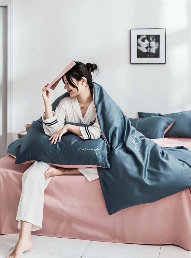 Bộ Chăn Ga Gối Lụa Tencel 60s Đơn Sắc LIDACO Cao Cấp - Xanh Phối Ga Hồng - TẶNG VỎ GỐI ÔM COTTON