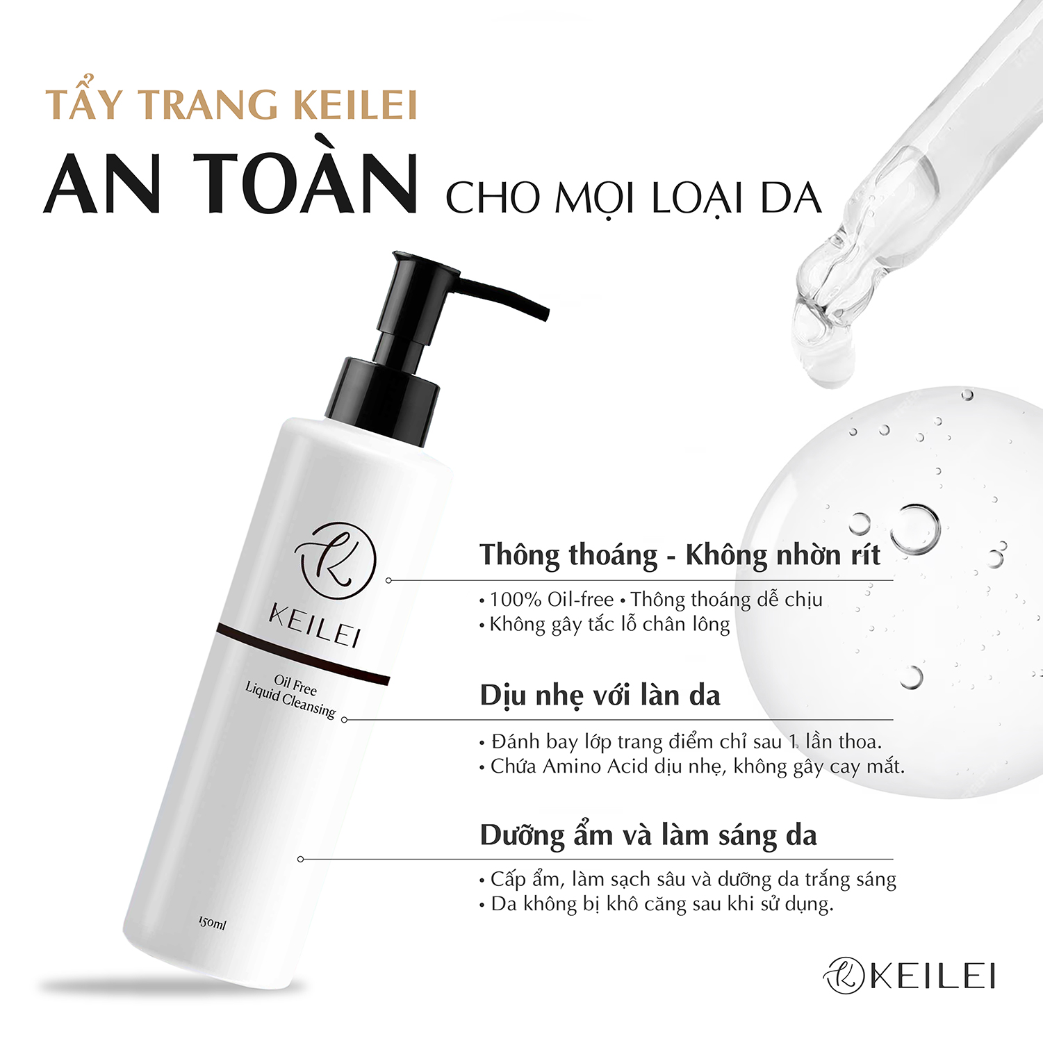 Tinh chất tẩy trang sạch sâu kiểm soát dầu thừa và dưỡng ẩm KEILEI - Oil free Liquid Cleansing KEILEI