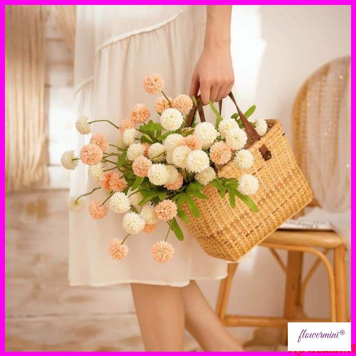 Hoa giả, cành hoa tiểu cúc vạn thọ 5 bông 65cm trang trí nhà cửa, quầy lễ tân, để bàn màu vintage Flowermini C-05