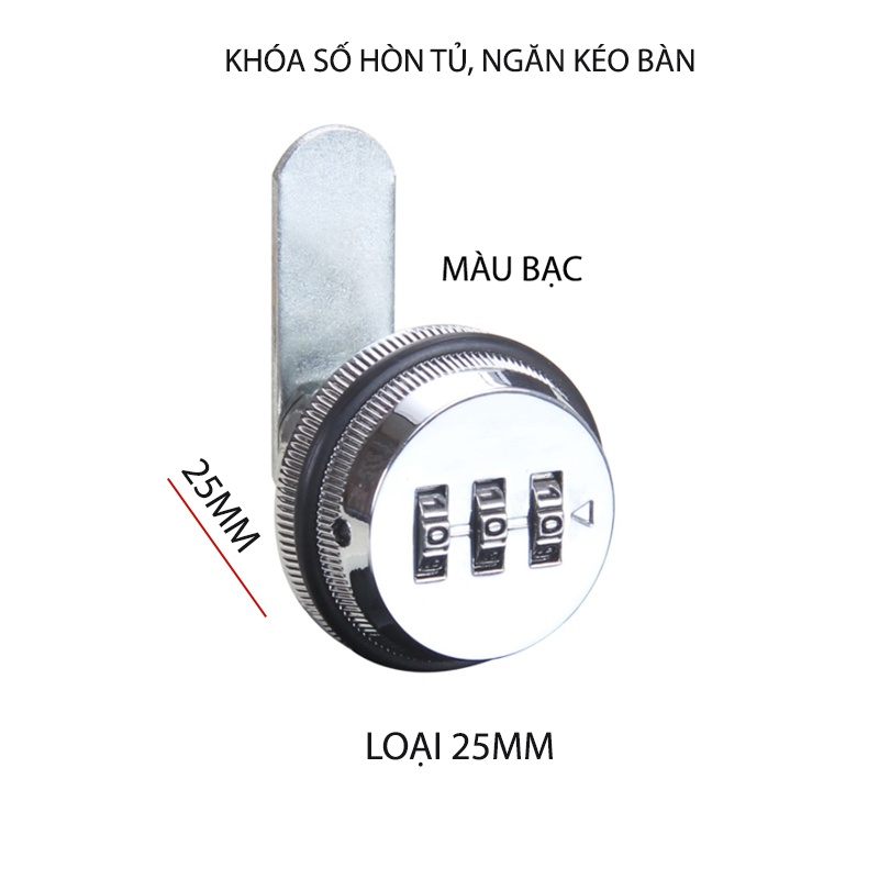 Khóa số ngăn kéo bàn, tủ, loại dài 25mm với 3 mã số có thể thay đổi được, bằng hợp kim