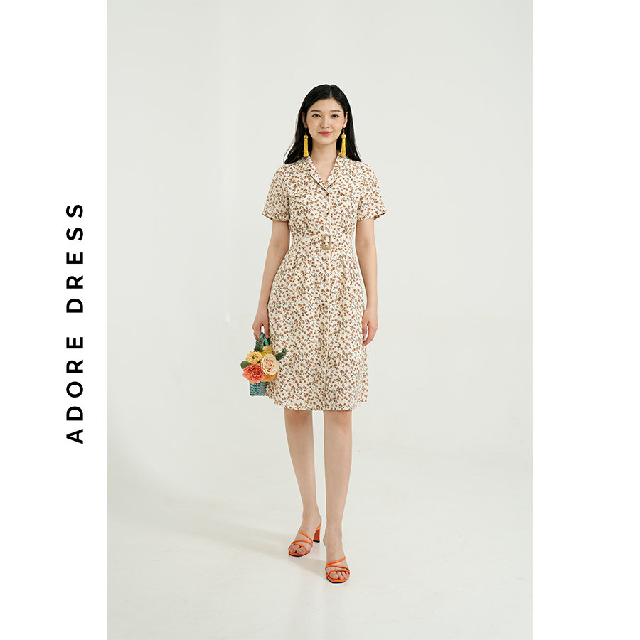 Đầm mini dresses lụa cream hoa nhí nâu cổ 2 ve 311DR1049  ADORE DRESS