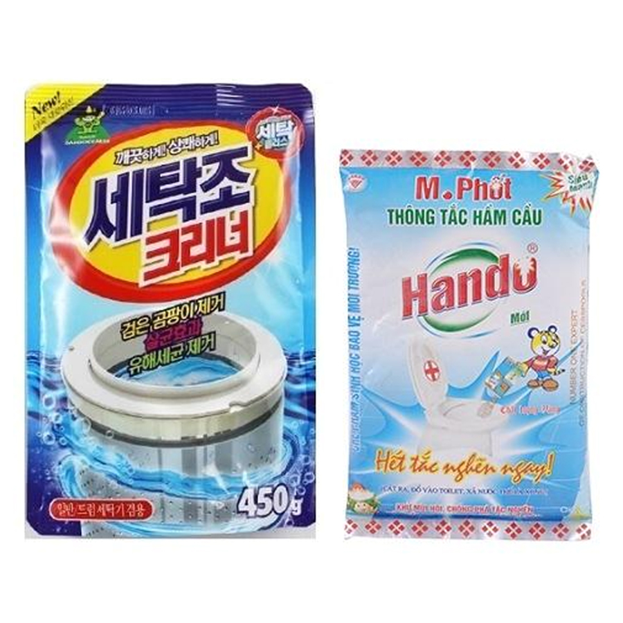 Combo gói bột tẩy vệ sinh lồng máy giặt Hàn Quốc 450g Kèm Gói bột M.Phốt Hando 300g