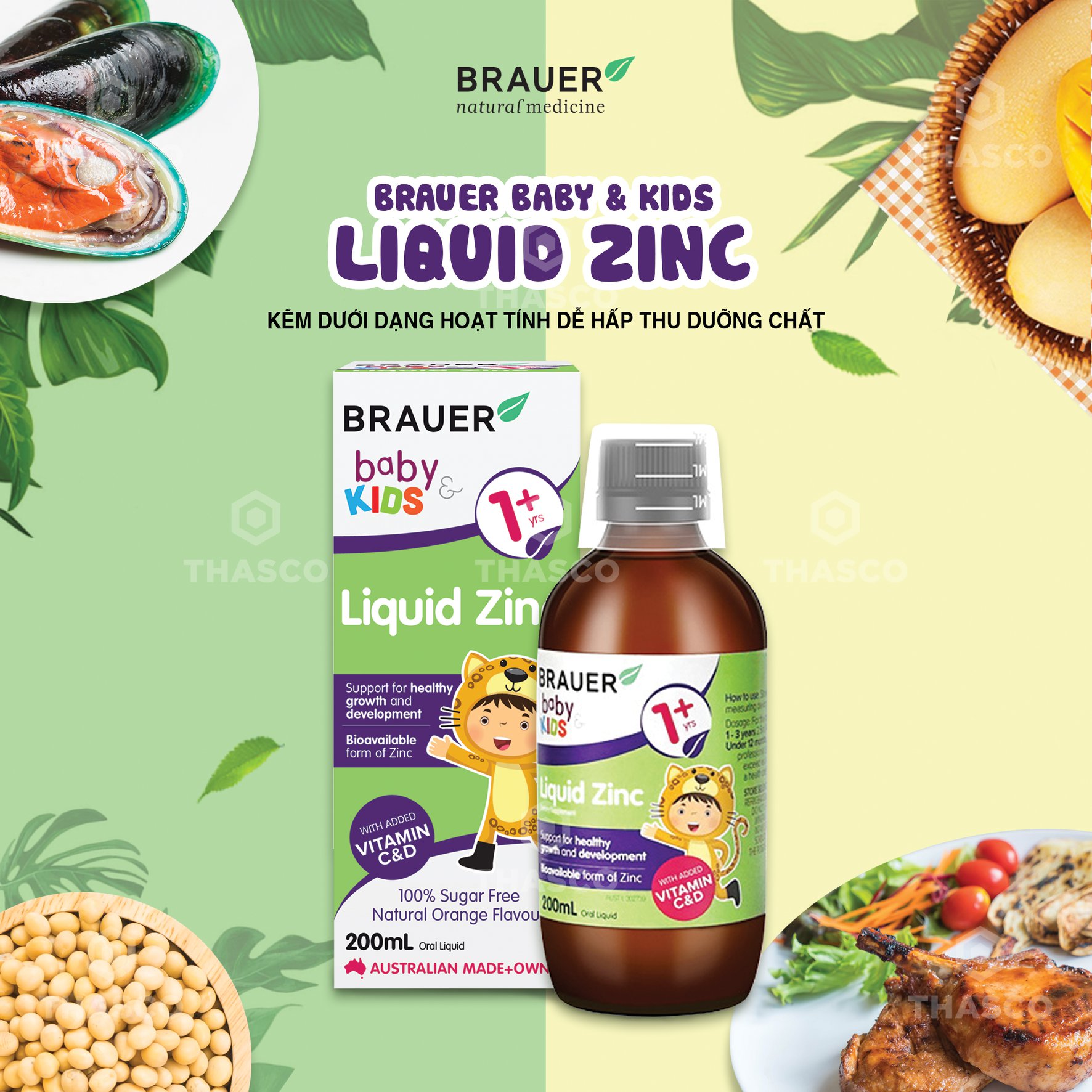 Kẽm giảm biếng ăn cho trẻ 1 - 13 tuổi Brauer Zinc Úc hỗ trợ trẻ ăn ngon, hấp thụ tốt, ngủ ngon, tăng sức đề kháng, phát triển tốt - OZ Slim Store