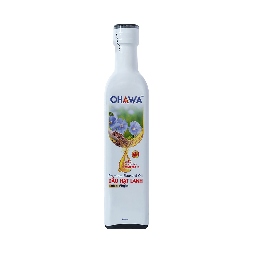 (Thùng 6 chai) - Dầu hạt lanh ép lạnh bền nhiệt OHAWA - Nhập khẩu Canada - Giàu Omega 3 - Hữu cơ - Lành mạnh - Phù hợp Eat Clean, Trộn salad - Cho bé ăn dặm - Chai 250ml