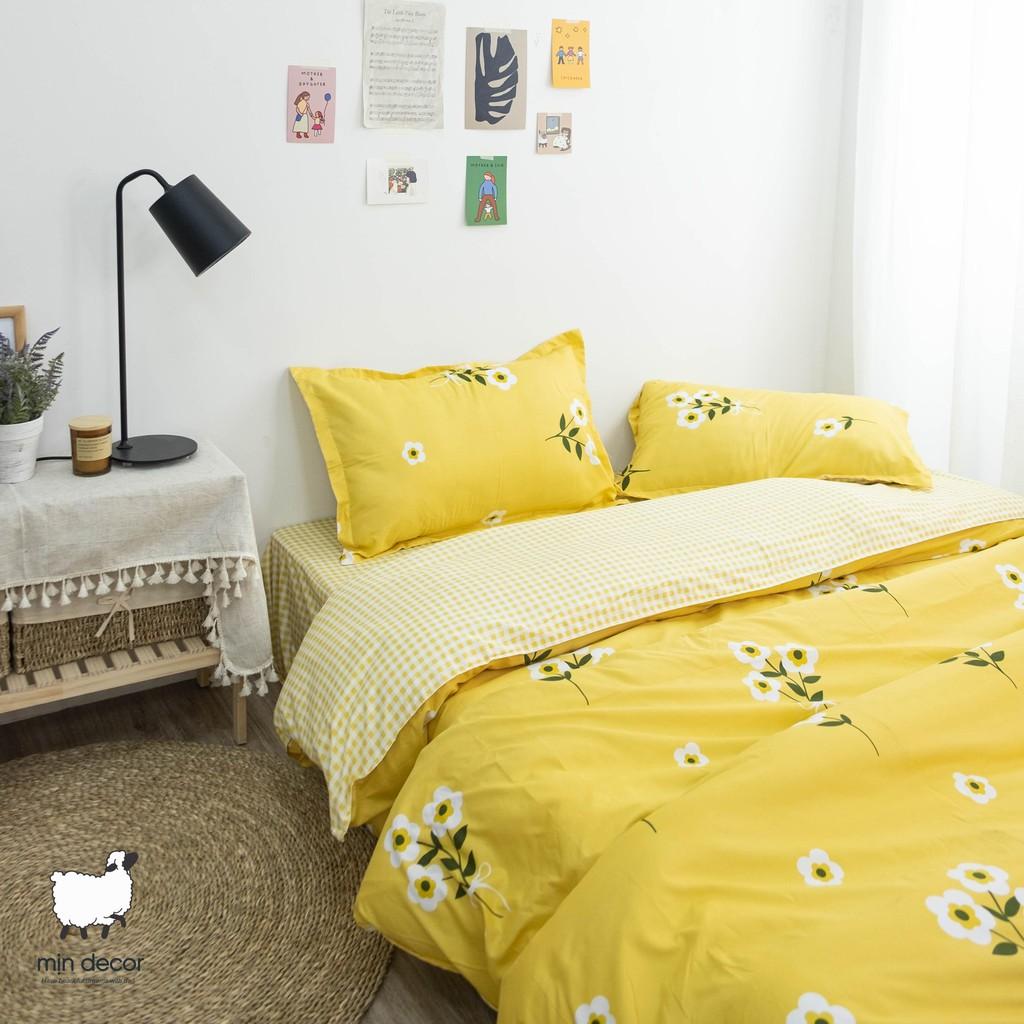 Drap Giường Hoa Kẻ Vàng Bộ Chăn Ga Gối Cotton 3D - Ga Trải Giường Thiết Kế Mịn Decor