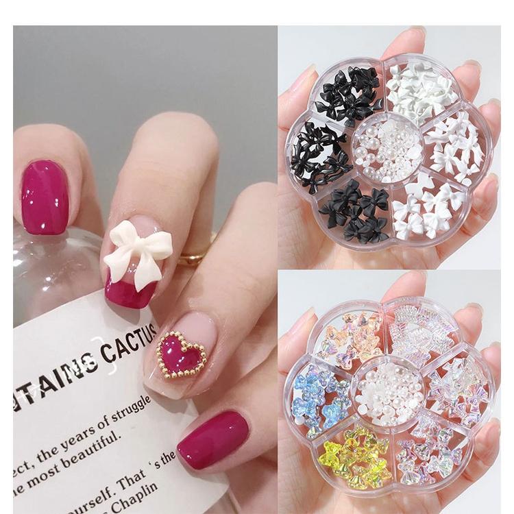 Charm nơ bướm gấu hoa hồng nhí sứ bi nail nửa Yapas khay mix màu và hình, Sticker phụ kiện sắt trang trí móng 3D 5D