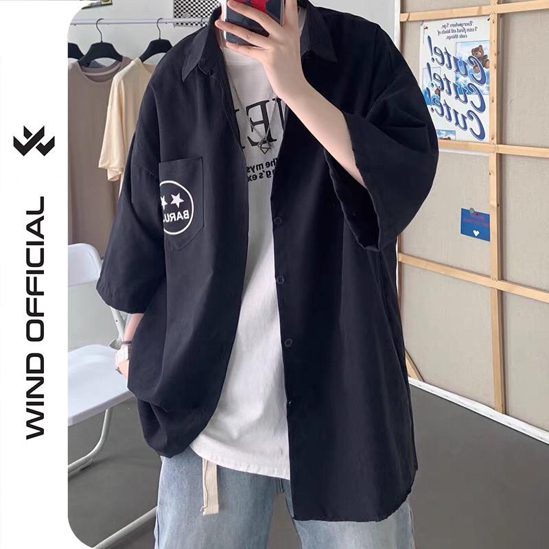 Áo sơ mi tay lỡ unisex form rộng Mặt Sao nam nữ oversized kaki ulzzang