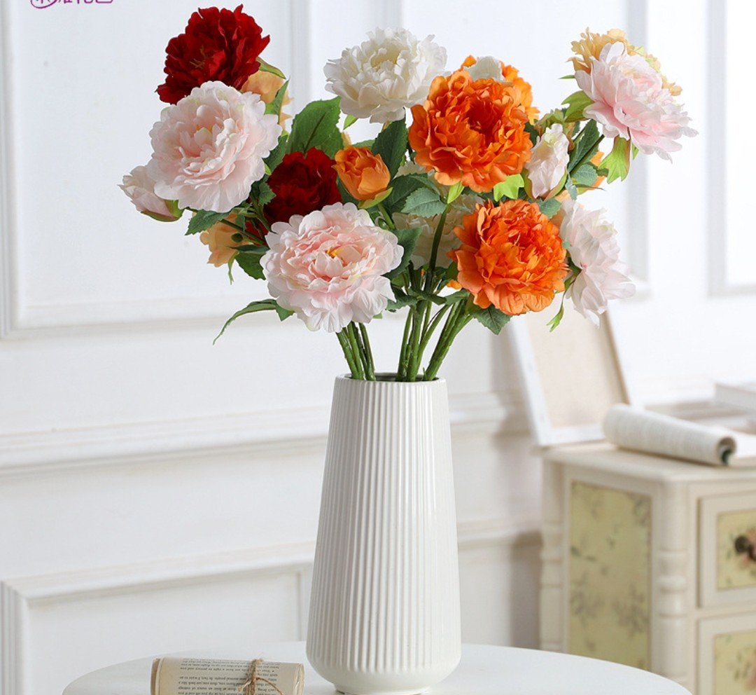 Hoa lụa cao cấp, hoa mẫu đơn giả 2 bông 1 nụ sang trọng trang trí phòng khách, tiền sảnh