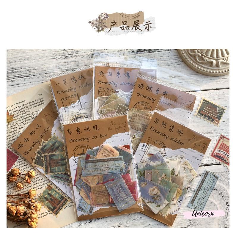 Set 40 sticker phong cách vintage - hình con tem bronzing sticker