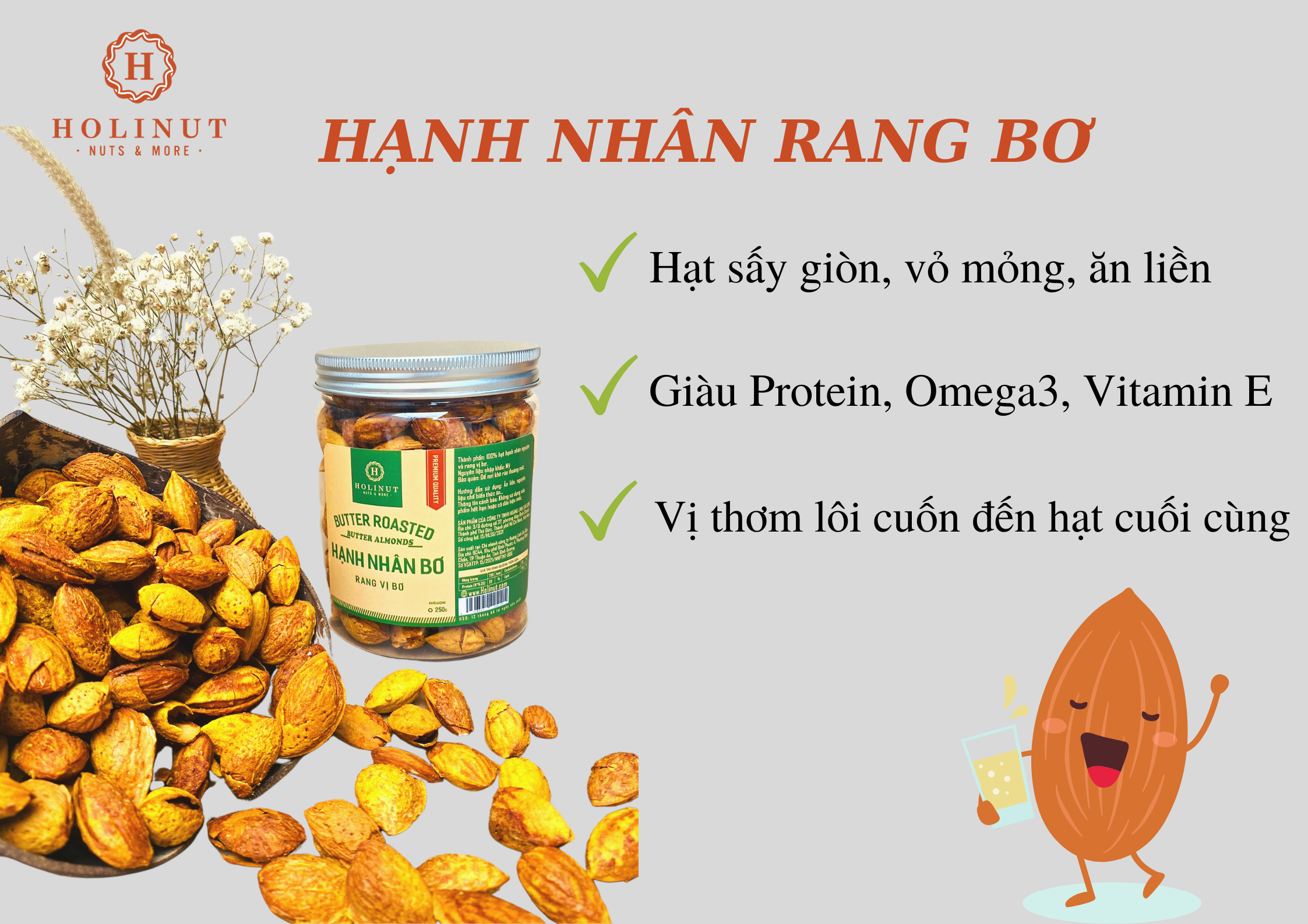 Hạnh Nhân Rang Bơ - Thương Hiệu Holinut Chuẩn Nhập Khẩu Mỹ/500gram