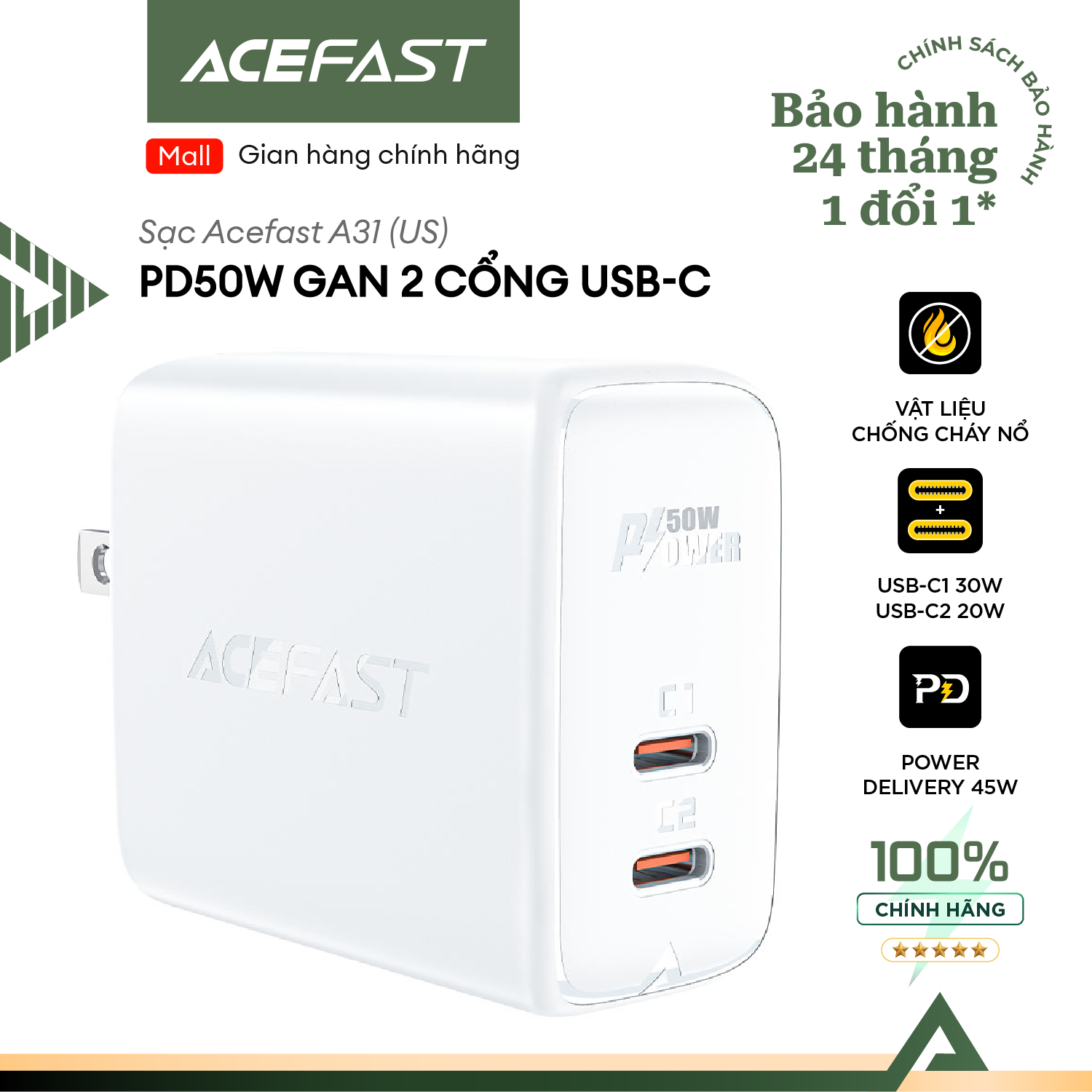 Sạc Acefast PD 50W GaN 2 cổng USB-C  - A31 Hàng chính hãng Acefast