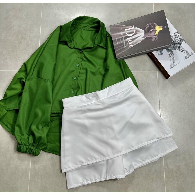 Set áo sơmi xanh tay bo tà lệch phối quần short trắng