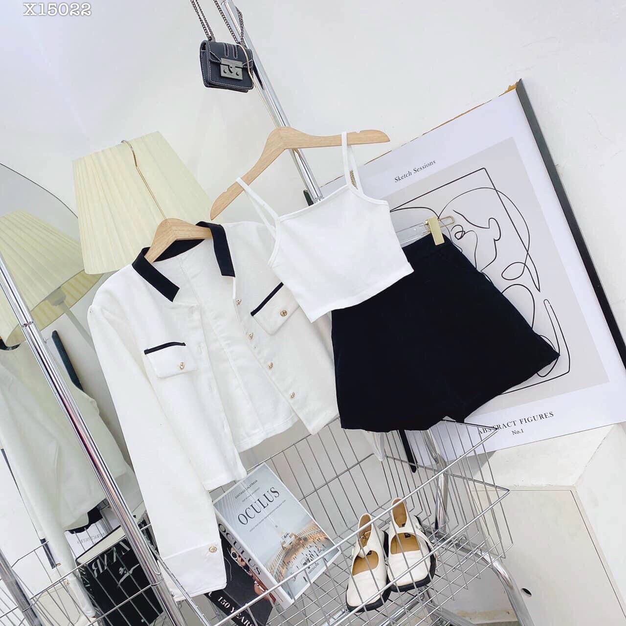 SET ÁO KHOÁC BLAZER / VEST NỮ + ÁO HAI DÂY CROPTOP + QUẦN VÁY NGẮN