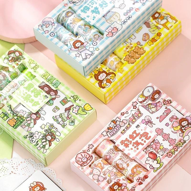 Hình ảnh Hộp 10 cuộn băng giấy và 10 tờ stickers chủ đề dễ thương(có sẵn)