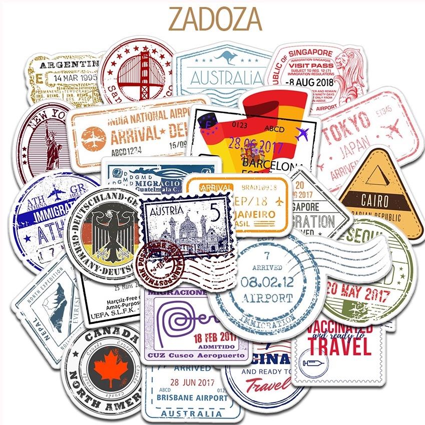Sticker nhãn dán trang trí mũ bảo hiểm, đàn, guitar, ukulele, điện thoại laptop chủ đề retro visa stamp