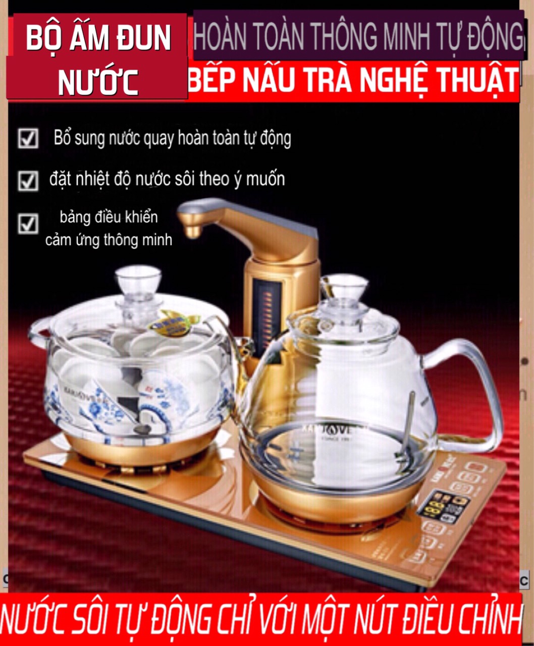 Bộ bếp ấm đun nước điện pha trà tại bàn thông minh tự động thuỷ tinh chịu nhiệt siêu tốc đa năng kamjove -G9 màu vàng ,hàng nhập khẩu chính hãng