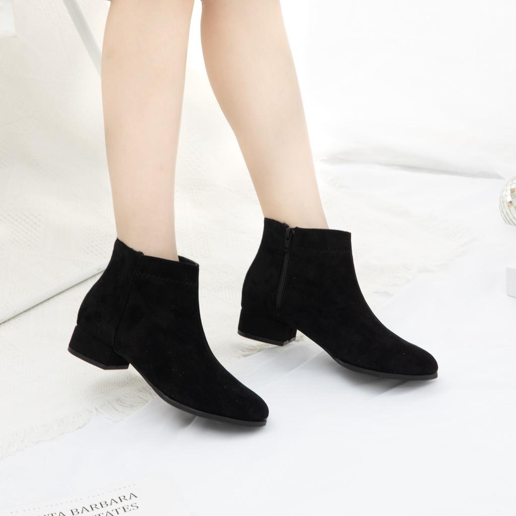 Giày Boots Nữ thời trang MWC Boots cổ thấp gót vuông 3p màu đen basic siêu HOT NUBO- 9104