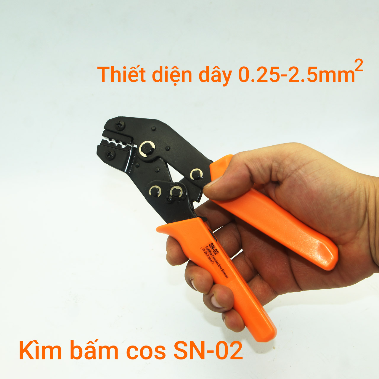 Kìm bấm cos tròn và cos chỉa trần đầu 02 cho dây Φ 0.5-1.6mm hay thiết diện 0.25-2.5 mm² 24-14 AWG