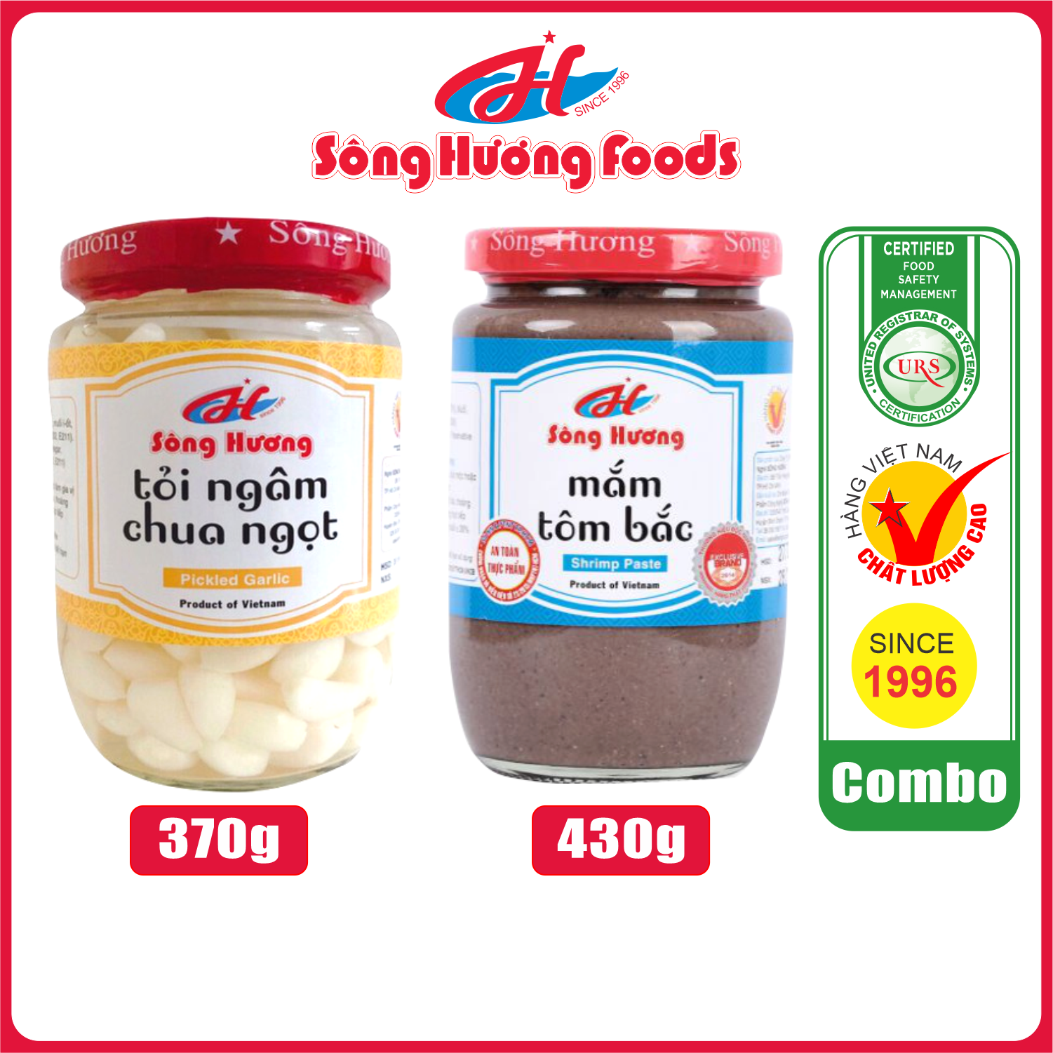 Combo 1 Hũ Tỏi Ngâm Chua Ngọt 370g + 1 Hũ Mắm Tôm Bắc 430g Sông Hương Foods