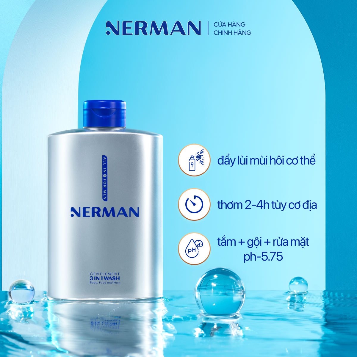 Combo Manly Nerman - Sữa tắm gội hương nước hoa cao cấp 350ml &amp; Gel rửa mặt ngừa mụn 100ml
