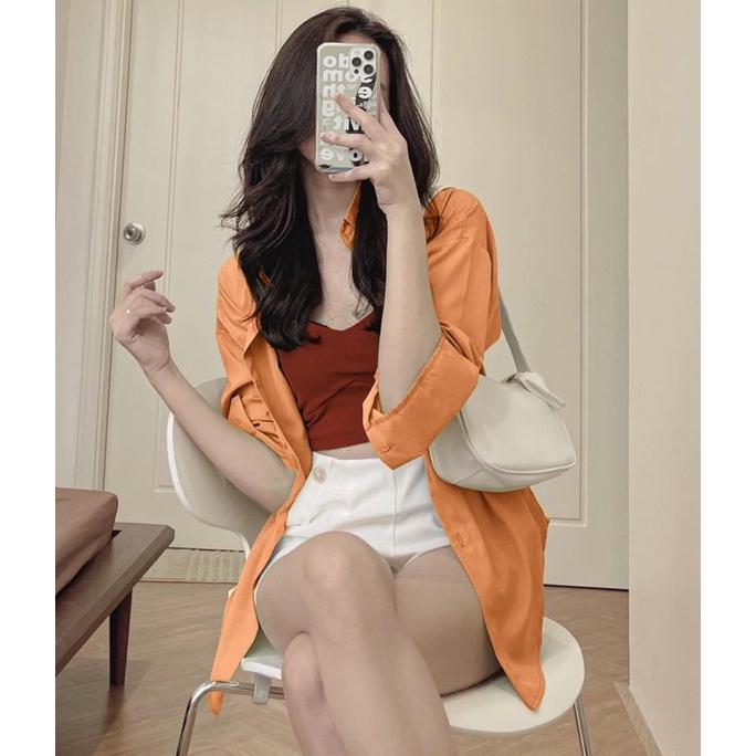 Set áo croptop bra 2 dây phối áo khoác sơ mi kèm quần shorts trắng