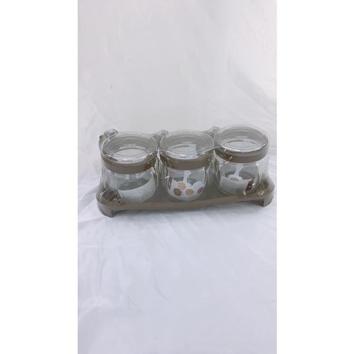Bộ 3 hũ đựng gia vị thủy tinh kèm khay