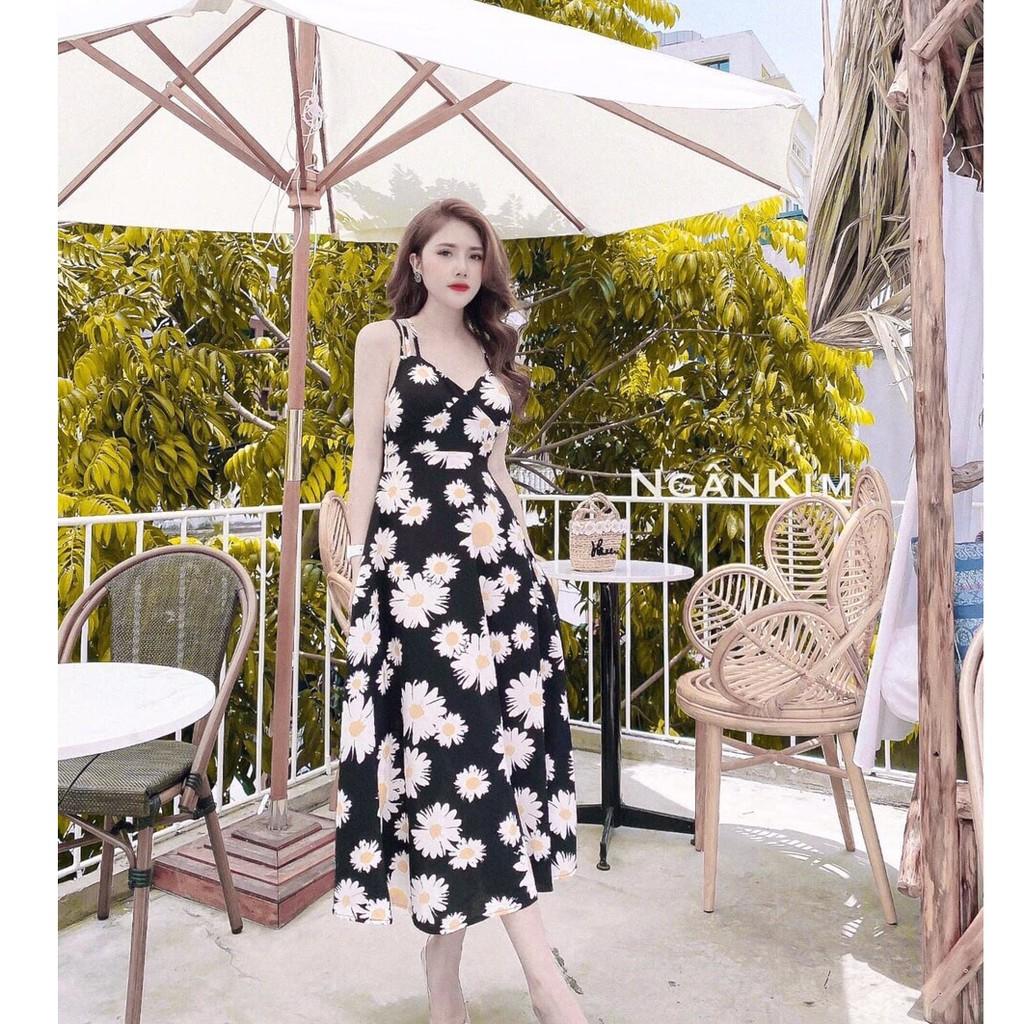 Đầm maxi 2s hoa cúc kèm mút sang chảnh + Ảnh thật