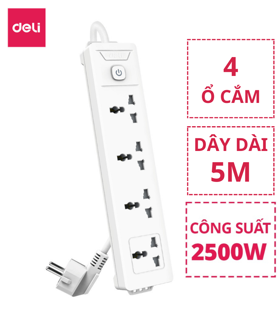 Ổ Cắm Điện Tích Hợp Cổng Usb Đa Năng Deli , 2 - 6 Lỗ Cắm Đầu 3 Công Suất 2500W, Dây 2 - 5M Tiện Dụng, An Toàn, Chống Cháy Nổ - 4 Ổ, 1 Nguồn, Dây 5M