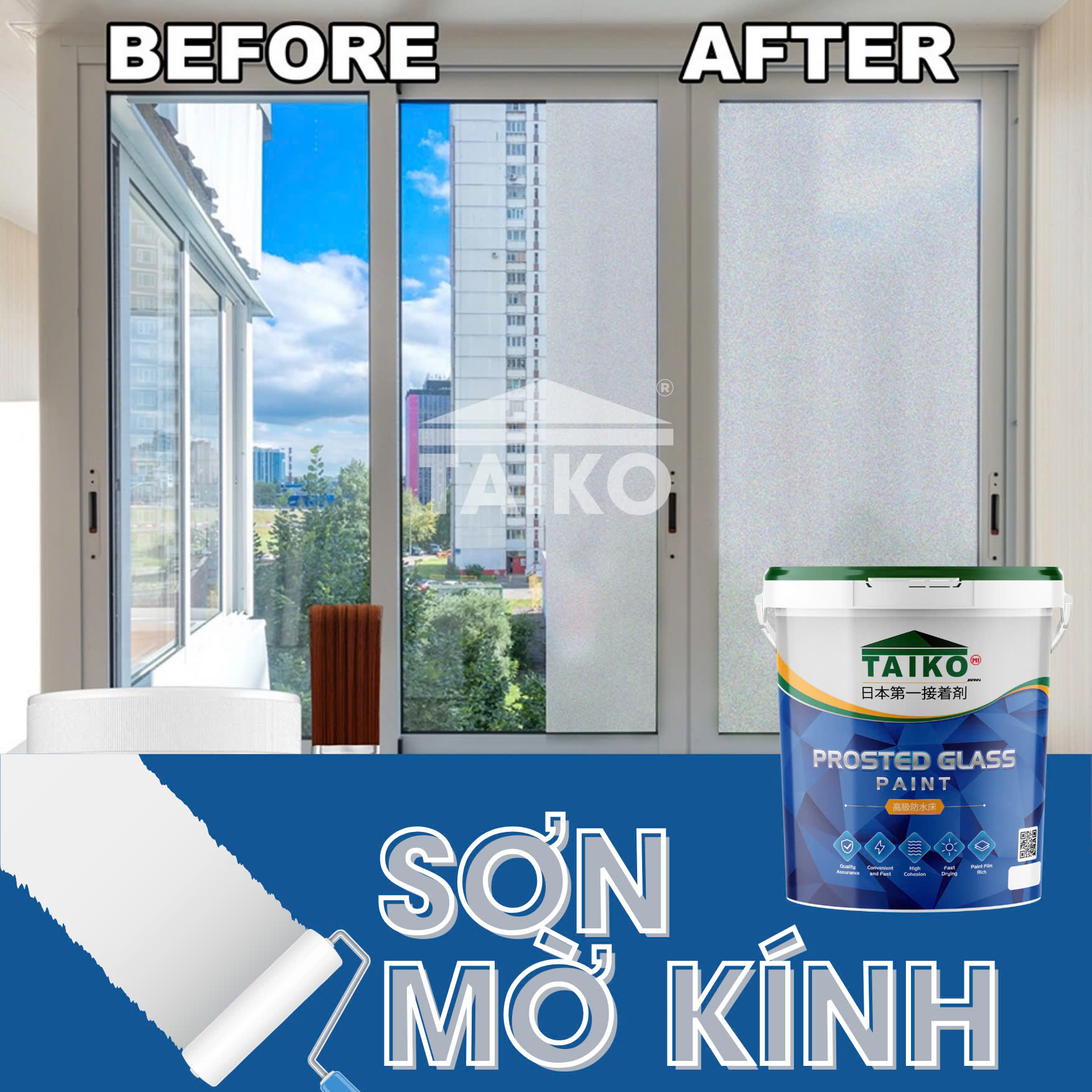 5 Kg Keo Sơn Mờ Kính Chống Nhìn Trộm TAIKOMI, Keo Sơn Bóng Mờ Kính Văn Phòng, Mờ Kính Cửa Sổ, Nhà Tắm, Phòng Ngủ