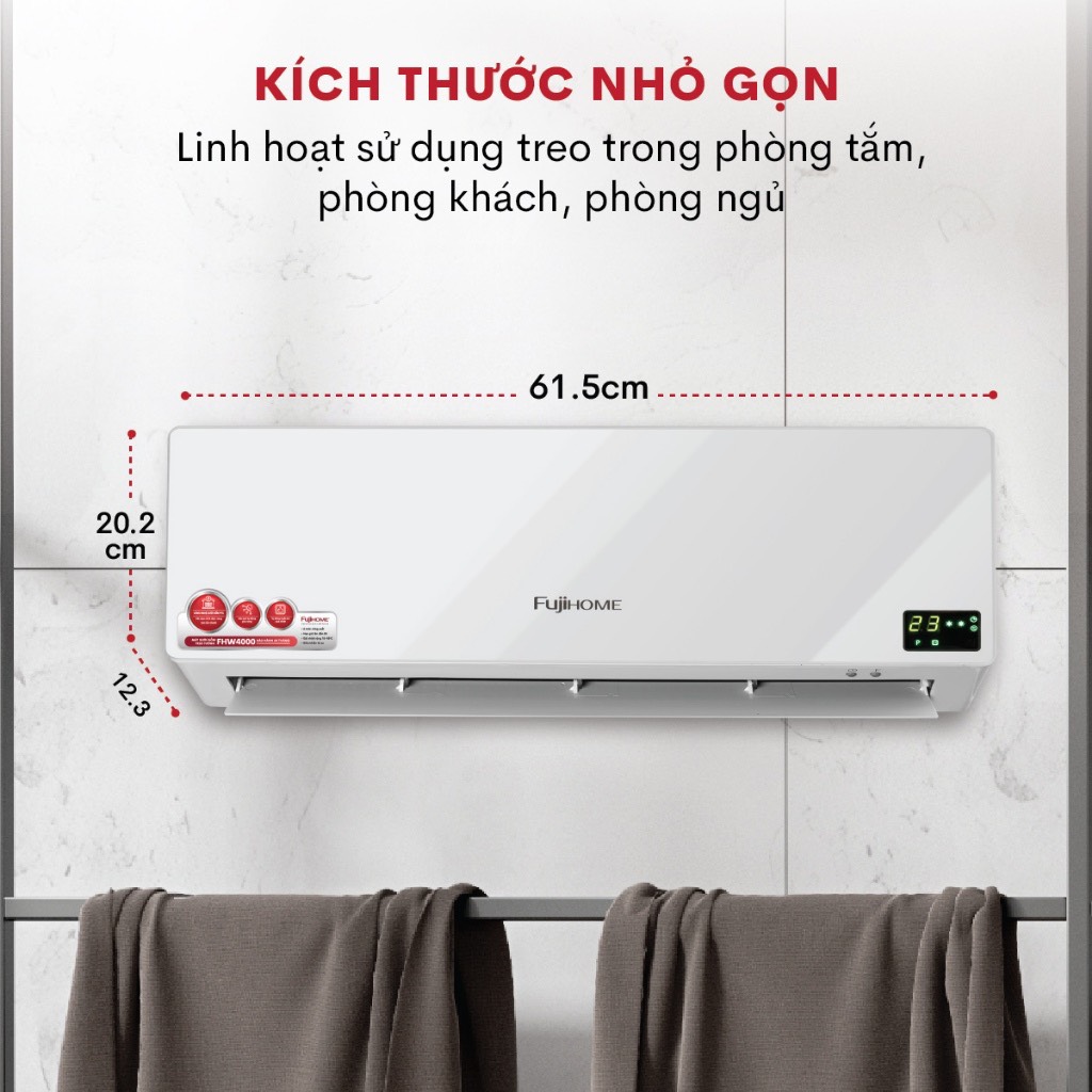 Máy sưởi điều hòa treo tường nhập khẩu FUJIHOME FHW4000 quạt sưởi ceramic không khô da, không đốt oxi, tiết kiệm điện - Hàng chính hãng