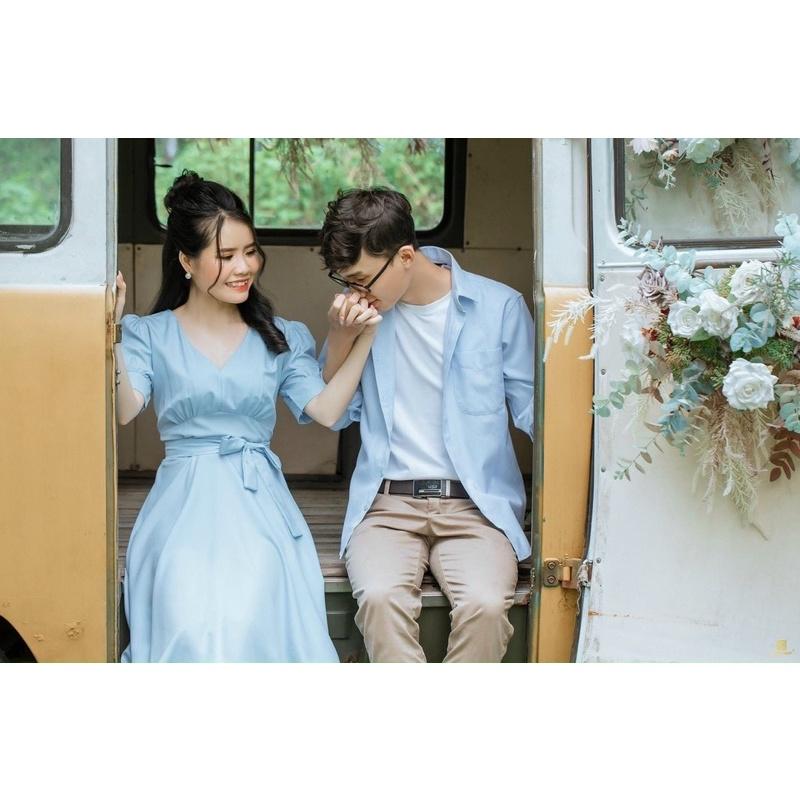 Set áo đôi sơ mi đầm cột eo màu xanh phong cách nhẹ nhàng dành cho các cặp tình nhân
