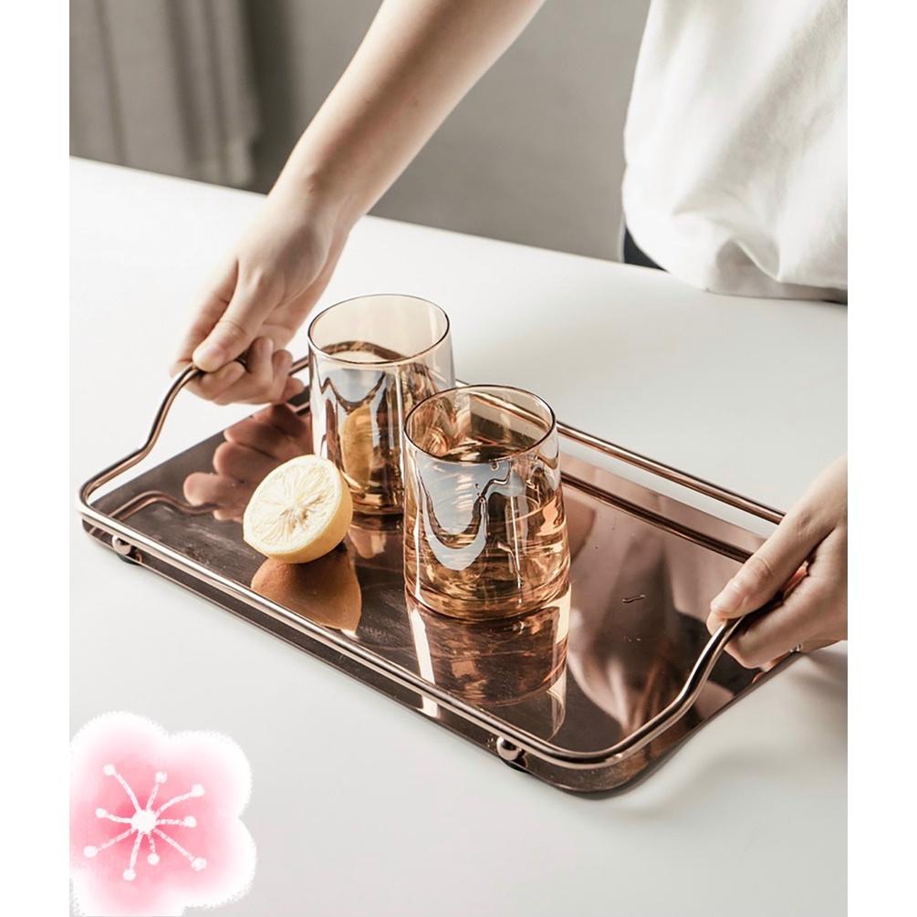 Combo bình đựng nước uống thủy tinh chịu nhiệt cao cấp kèm khay inox mạ vàng, xanh