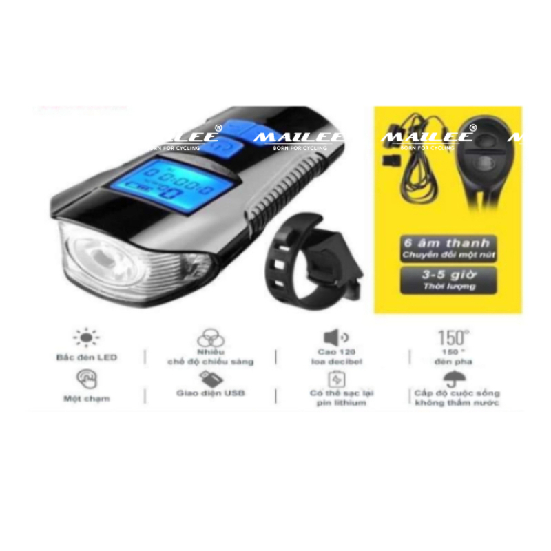 Đèn xe đạp có tích hợp đồng hồ đo tốc độ cảm biến và còi 120db bóng led t6 chiếu sáng an toàn ban đêm đa năng