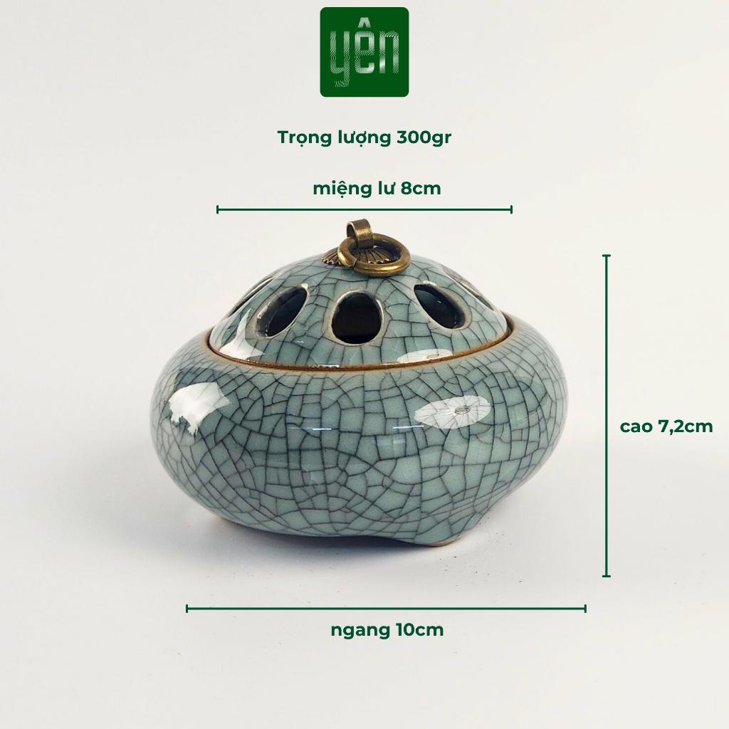 Lư Xông Nụ Trầm Gốm Sứ Nắp Đồng Hoa Văn - Dùng Đốt Nụ Trầm, Nụ Thảo Mộc Thuần Việt