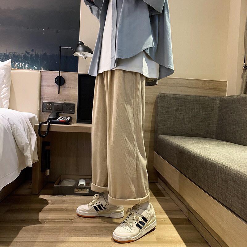 Quần Ống Rộng Baggy Lưng Cao Chất Liệu Kaki Nhung Tăm Unisex Nam Nữ Phong Cách Hàn Quốc Ulzzang