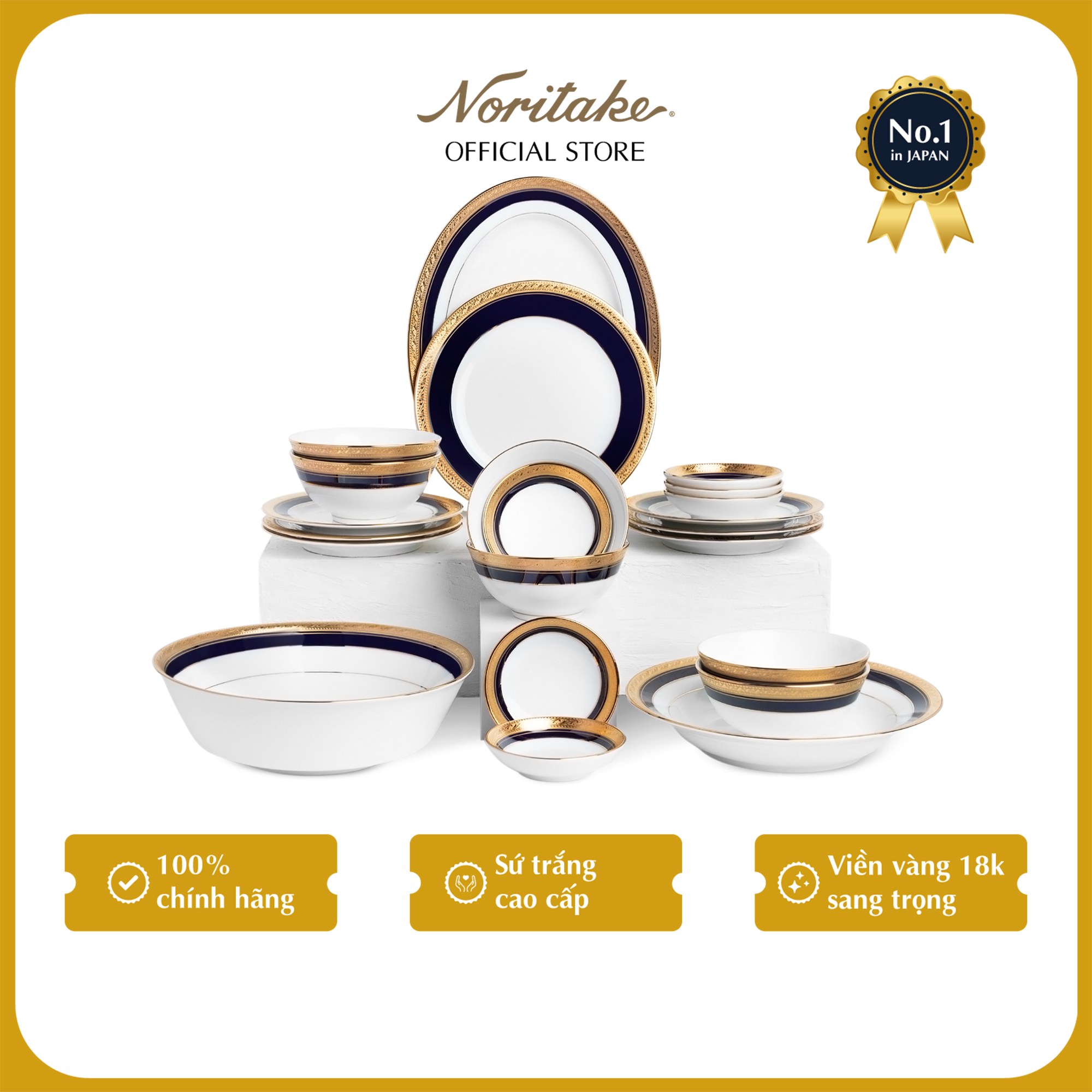 Bộ Bàn Ăn Châu Á Cơ Bản 22 Món Noritake dòng Crestwood Cobalt Gold sứ trắng cao cấp (4171L - D024AL)