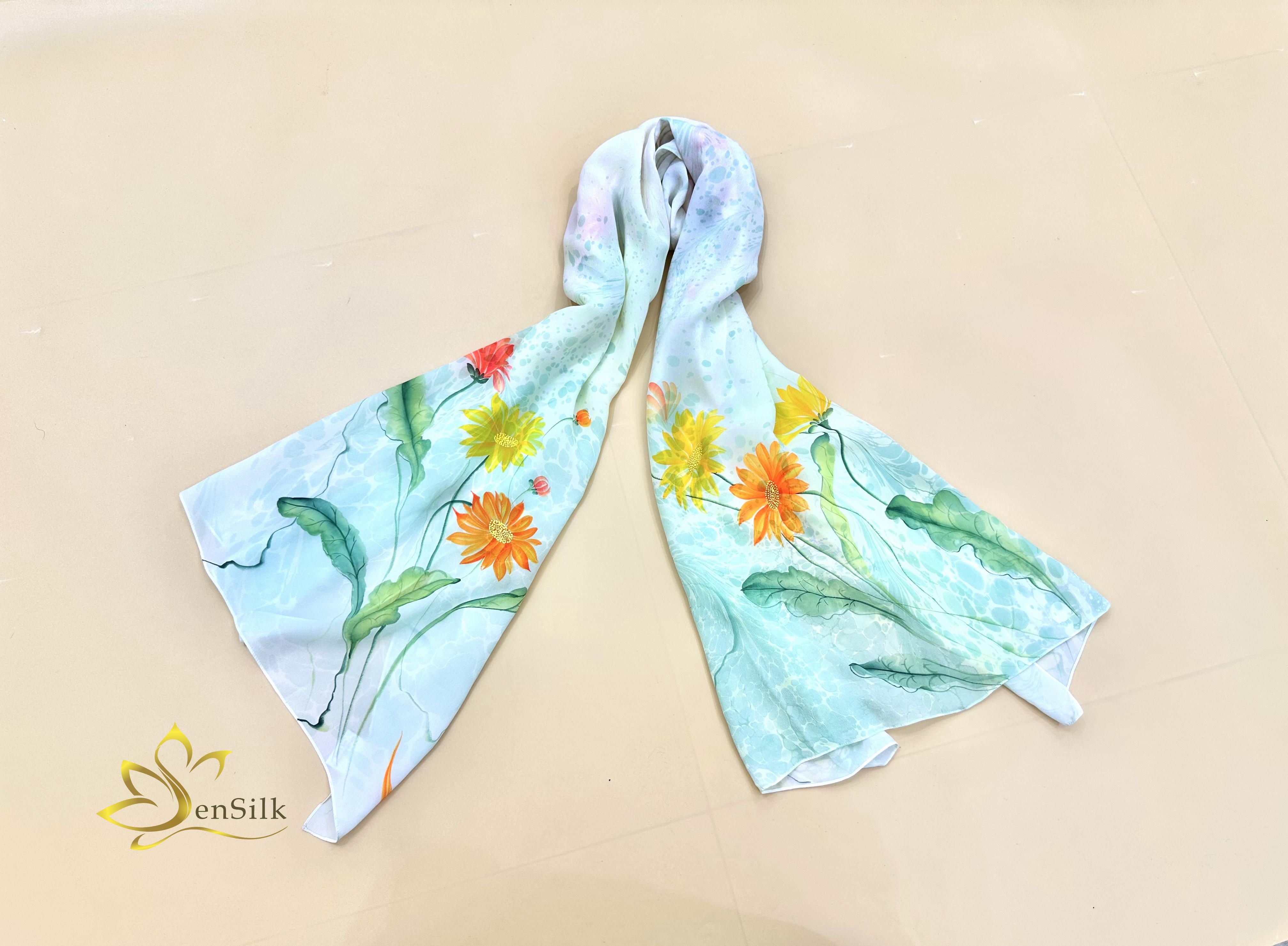 Khăn Thuỷ Ấn Vẽ Tay SenSilk Hoa Đồng Tiền - Silk Shawl Water Marbled Hand Painted - Quà Tặng Đối Tác - Vietnam Silk Gift