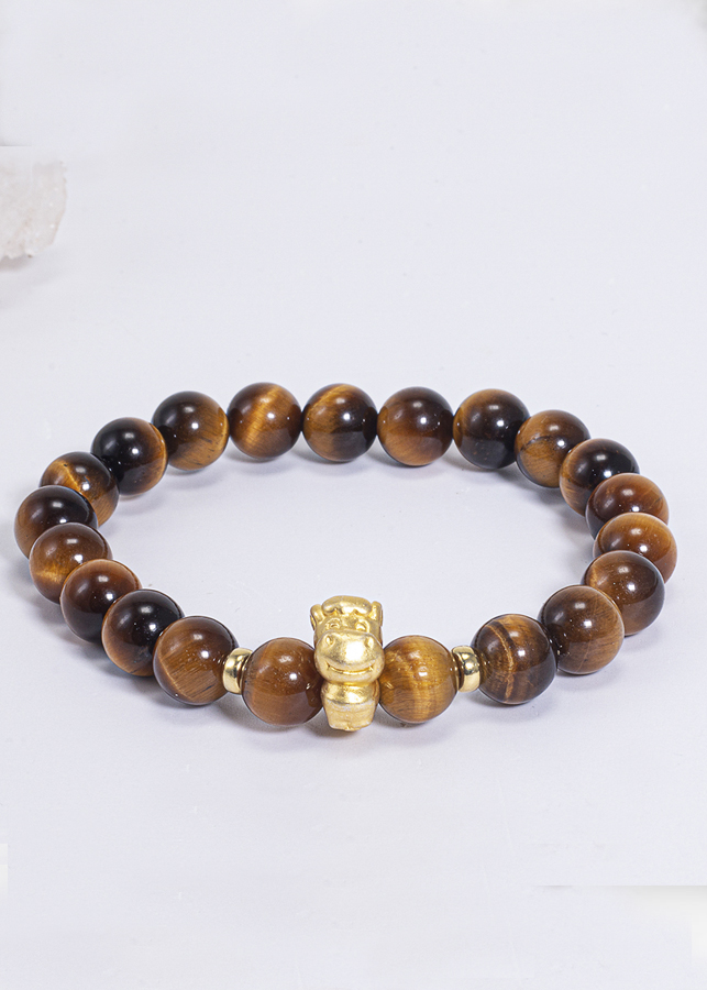 Vòng Tay Phong Thủy Đá Mắt Hổ Vàng Nâu Phối Charm Tuổi Ngọ Bạc Mạ Vàng 24K Mệnh Thổ, Kim Ngọc Quý Gemstones