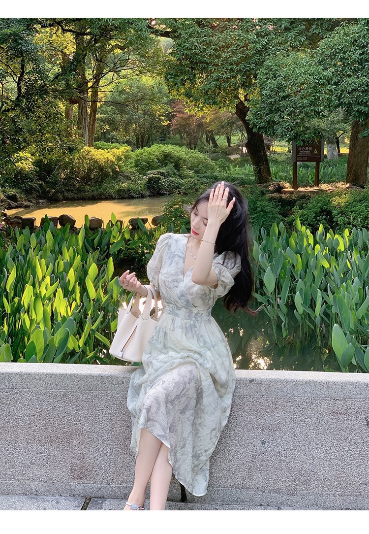 Đầm voan cổ v dáng maxi retro hàn quốc